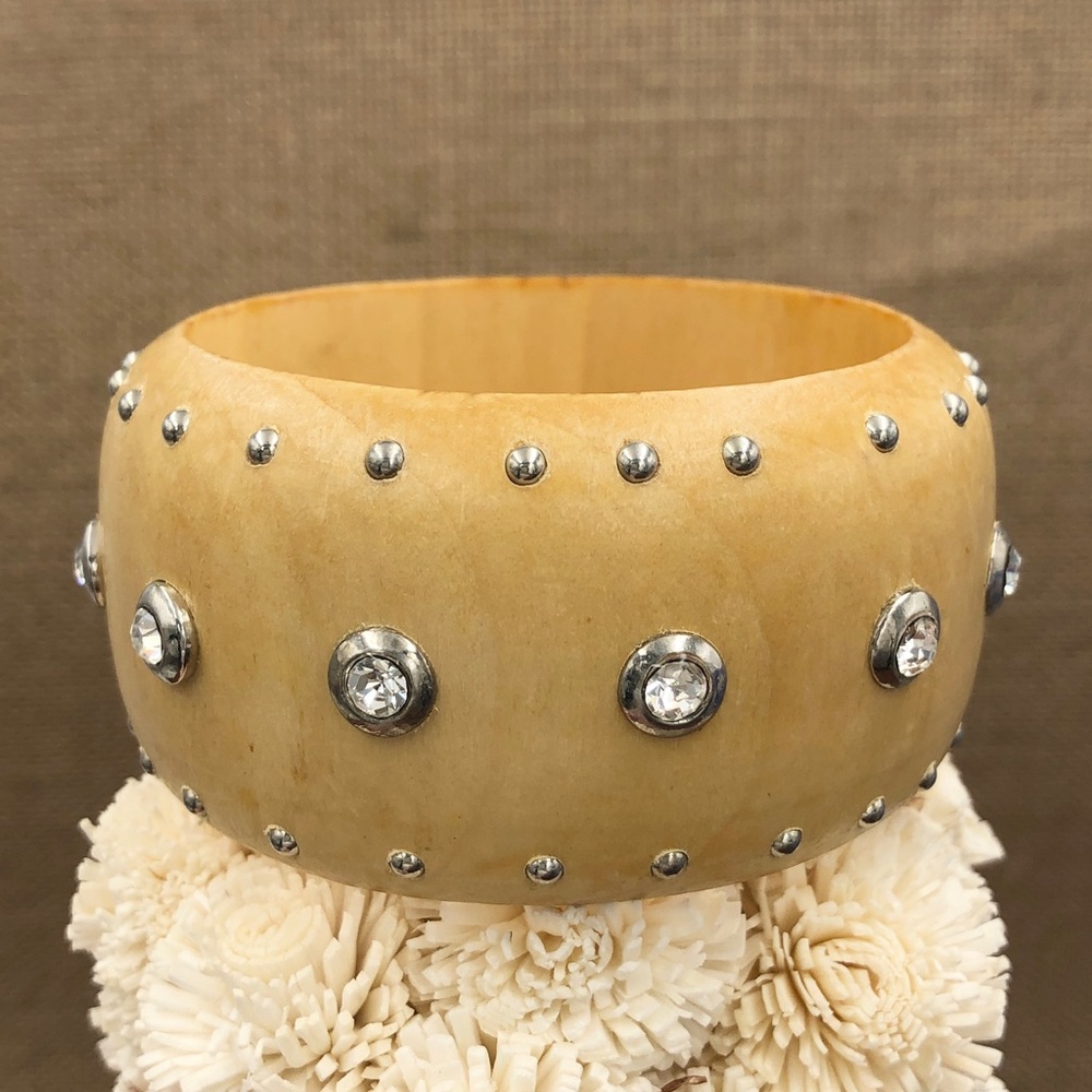 🌼 Light Wood Wide Rhinestone Studded Thick Bangle Bracelet